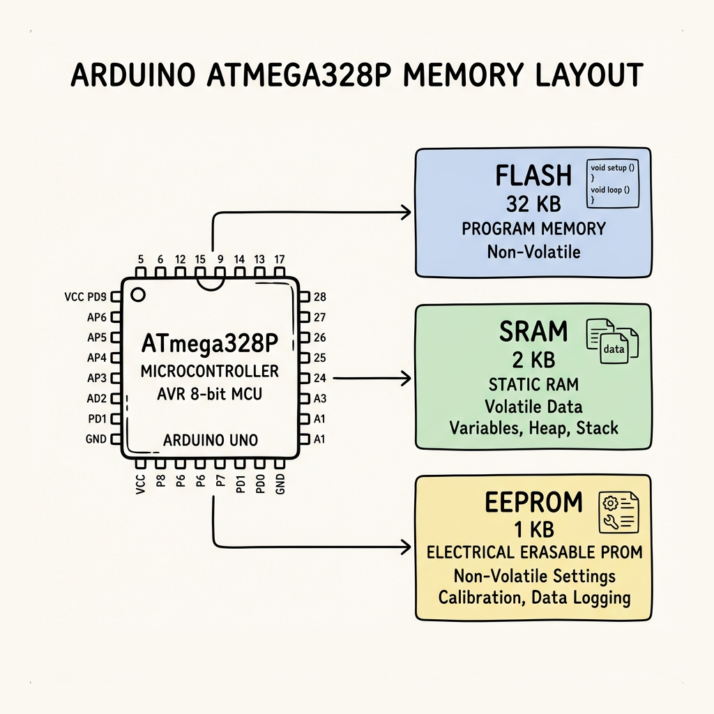 Diagram of an Arduino microcontroller's three memories: Flash for the program, SRAM for variables, EEPROM for saved settings