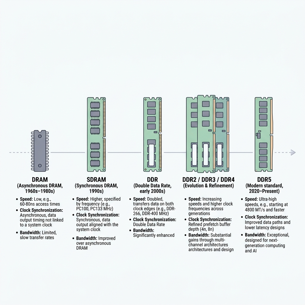 Timeline showing DRAM evolving into SDRAM, then DDR through DDR5