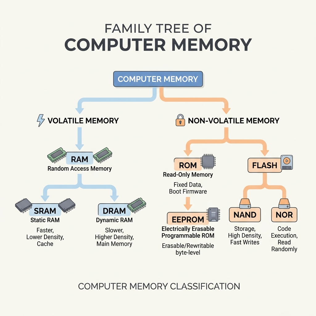 Family tree of computer memory types: volatile branch with SRAM and DRAM families, non-volatile branch with Flash, EEPROM, and ROM