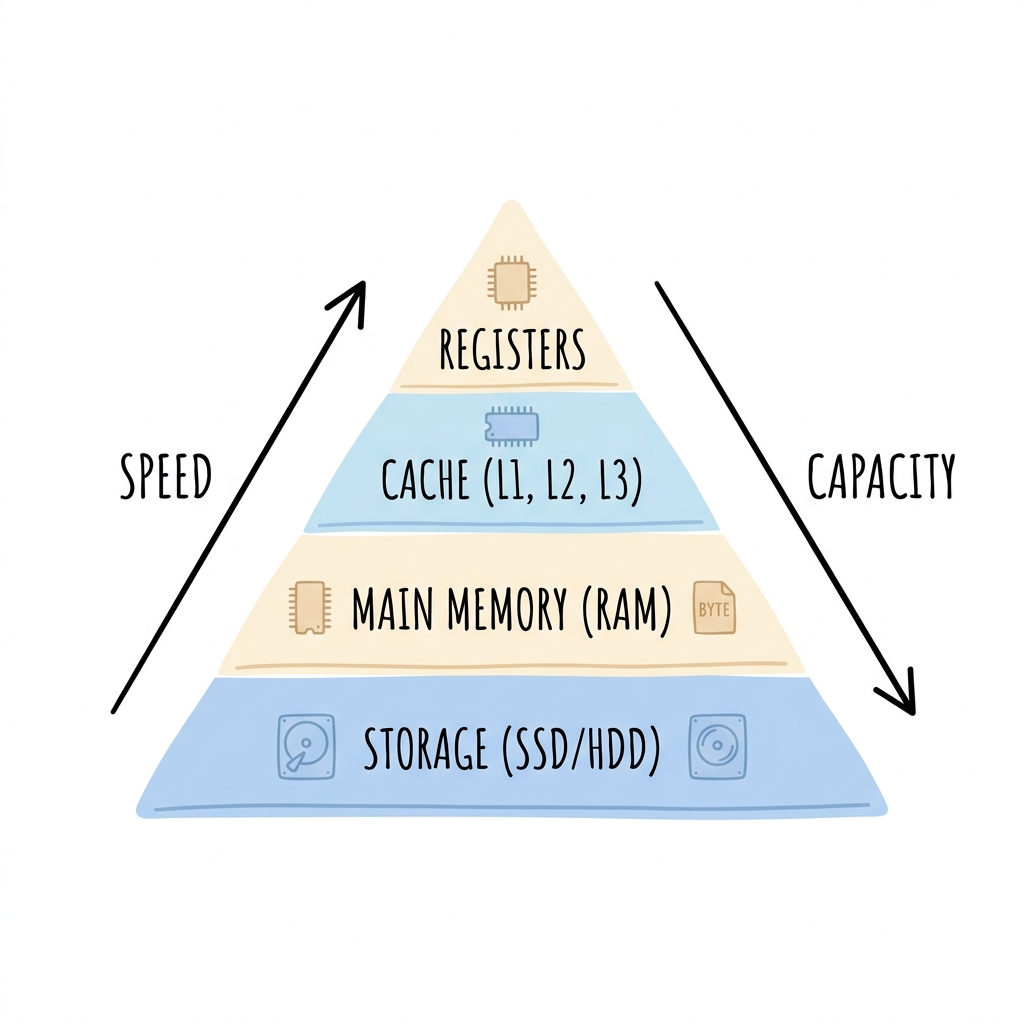 The memory hierarchy pyramid: registers at top, then cache, RAM, SSD, and hard drives at the bottom, with speed increasing upward and capacity increasing downward