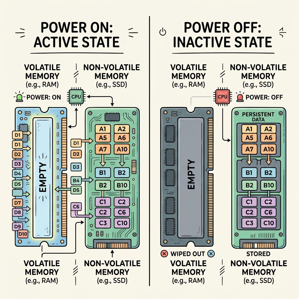 Side-by-side comparison of a computer with power on and off, showing volatile memory wiped and non-volatile memory intact