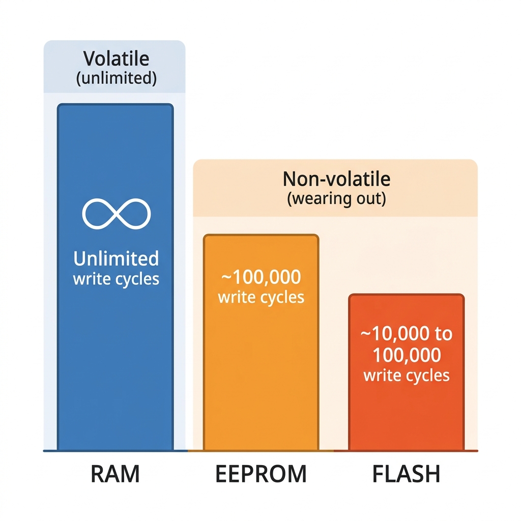 Bar chart comparing write endurance: RAM unlimited, EEPROM about 100 thousand writes, flash about 10 to 100 thousand erase cycles